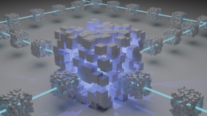 Cubos 3D feitos digitalmente conectados por linhas azuis, exemplificando o blockchain.
