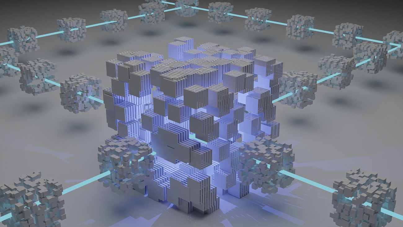 Cubos 3D feitos digitalmente conectados por linhas azuis, exemplificando o blockchain.
