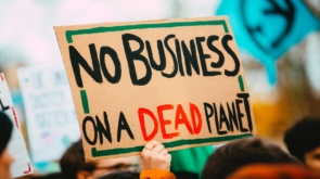 Capa do artigo sobre mudanças climáticas. É a foto de um cartaz em que está escrito "sem negócios em um planeta morto".